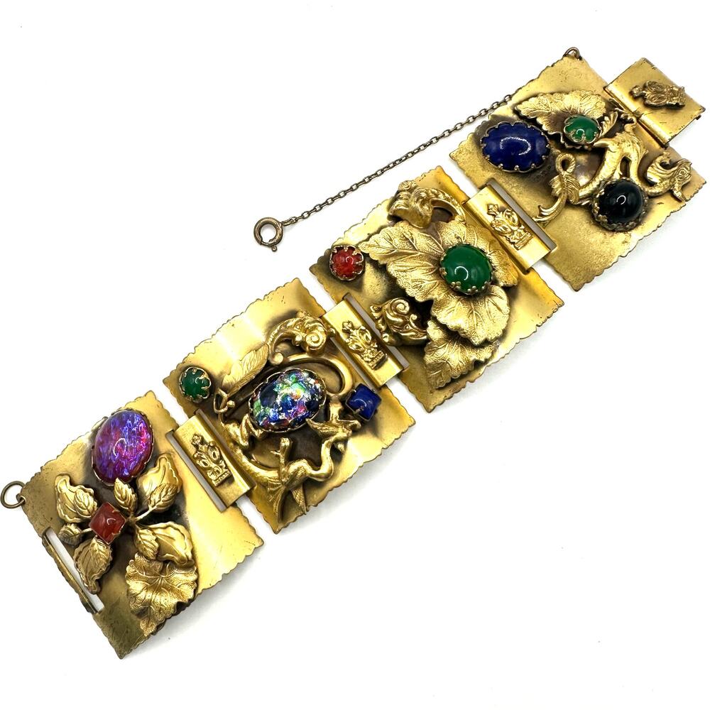 Antique vintage gold gilt dragons breath multicolor art glass cabochons bracelet
